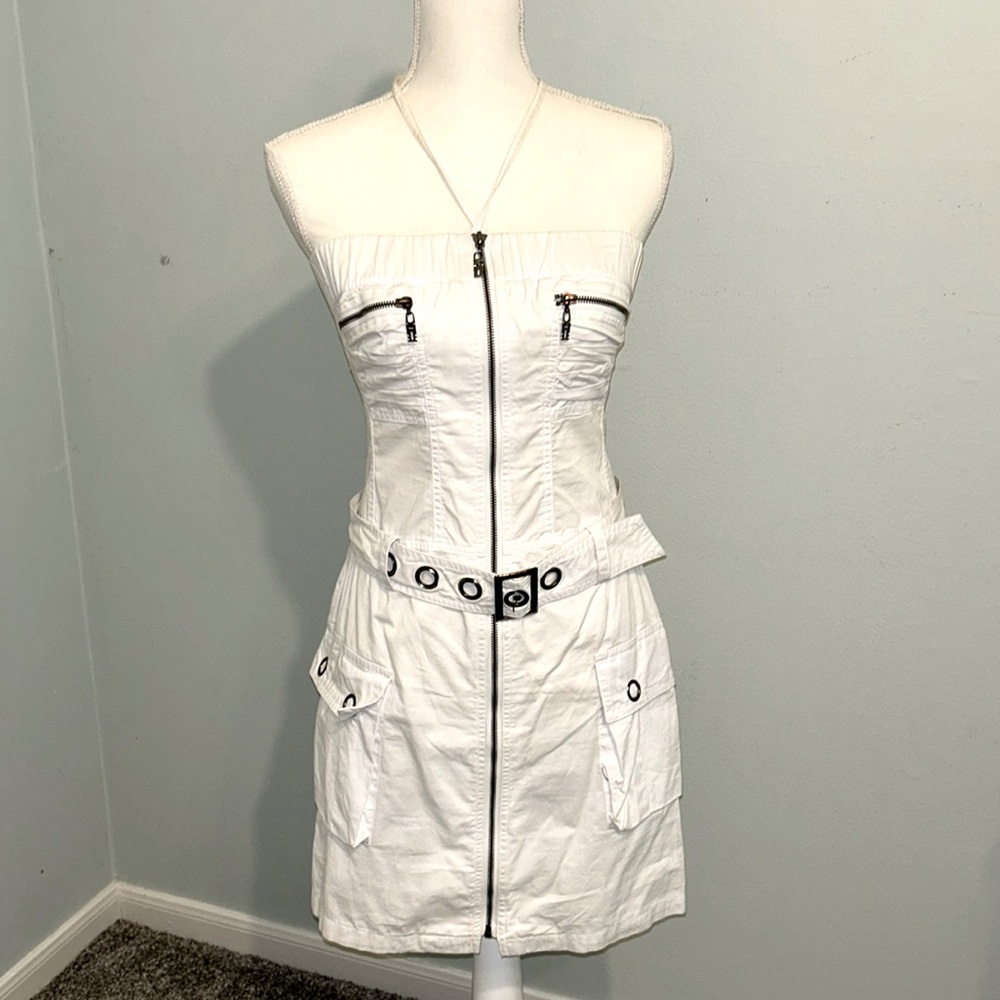 Arden B White Strapless Zip-Front Mini Dress with Belt